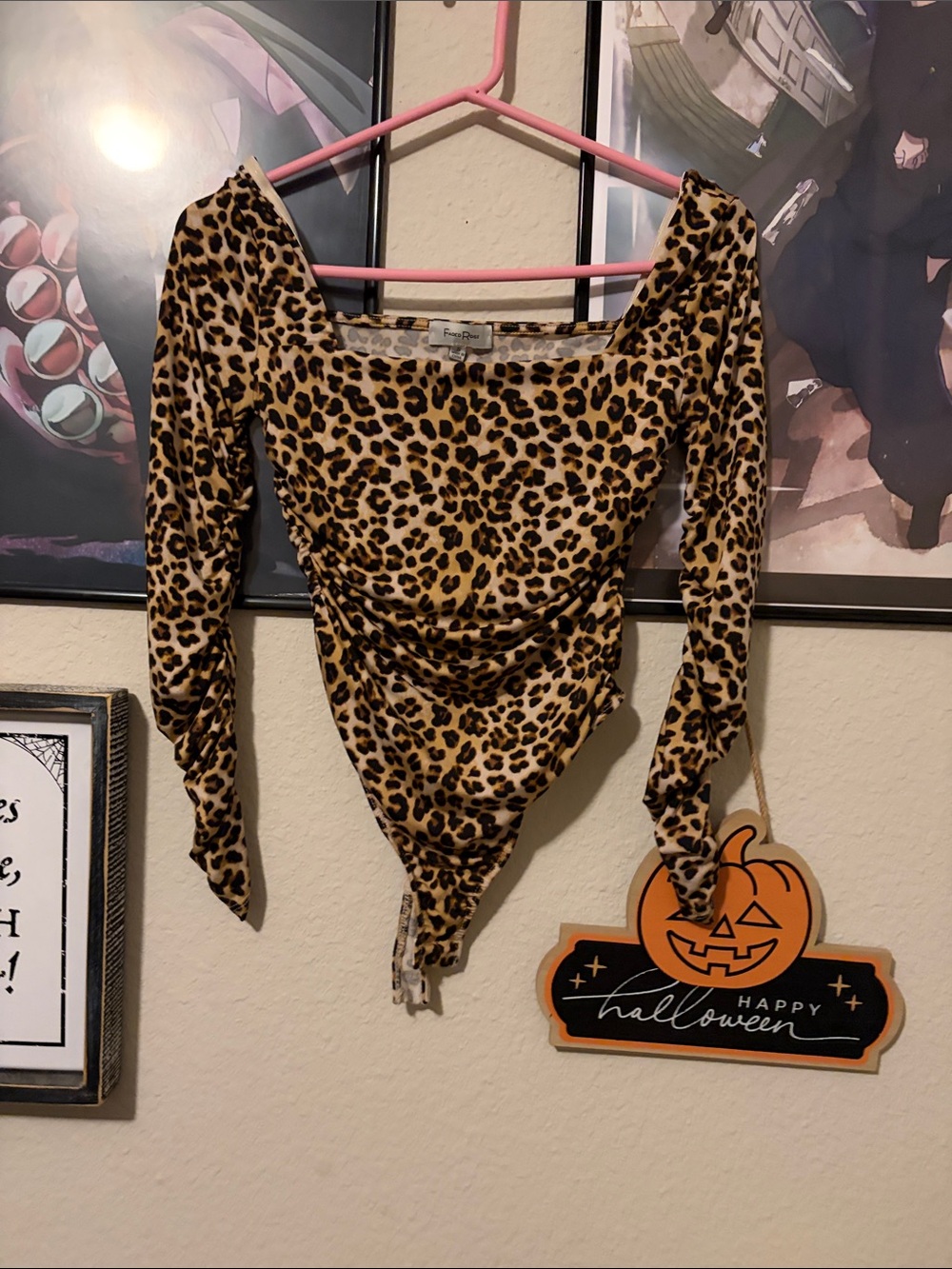 Leopard Print Long Sleeve Square Neck Bodysuit - Tan/Black